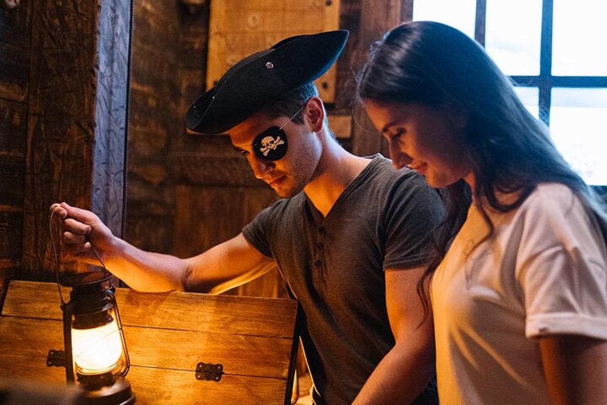 a man and a woman looking at a bottle of beer