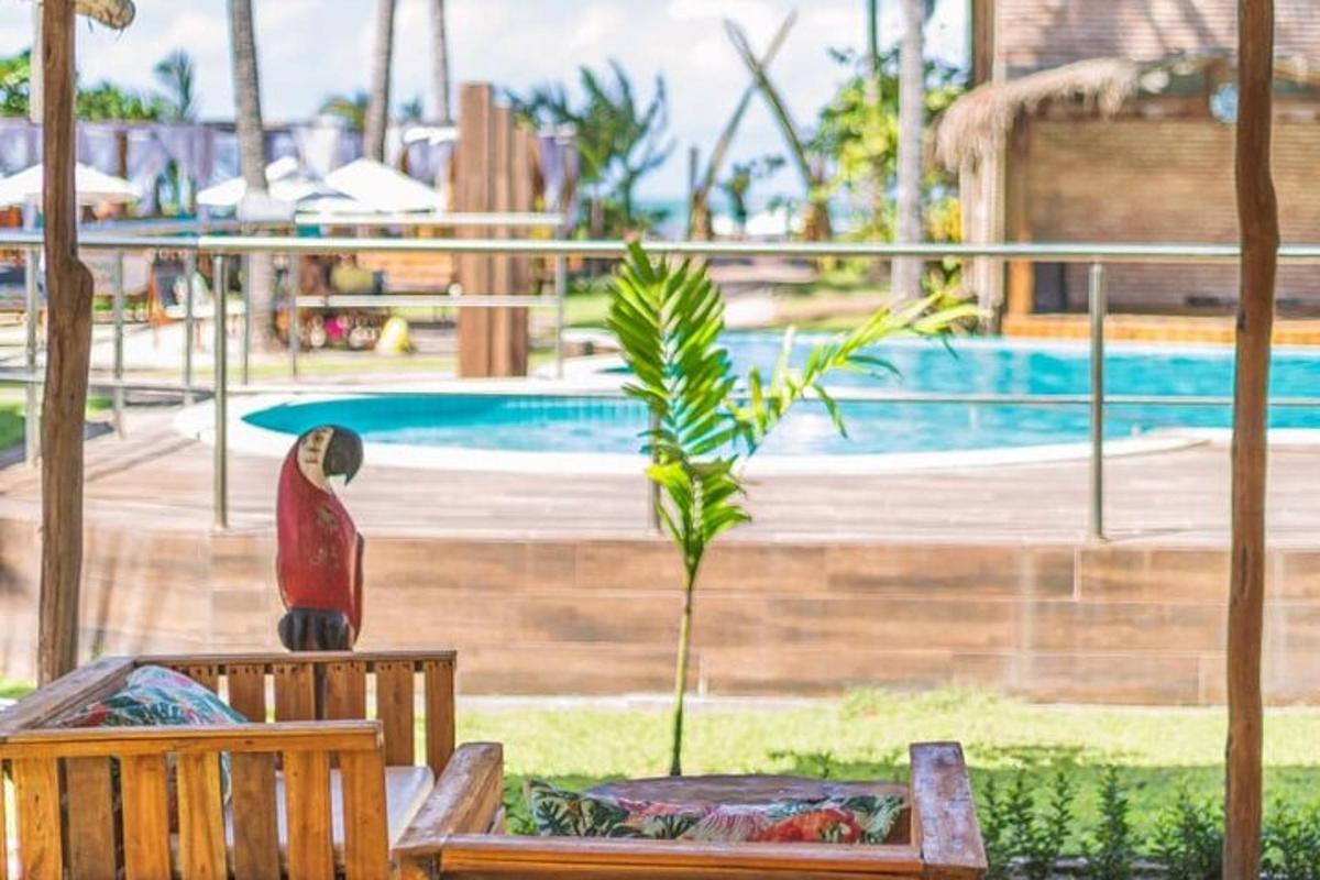 a plant sitting on a bench next to a pool