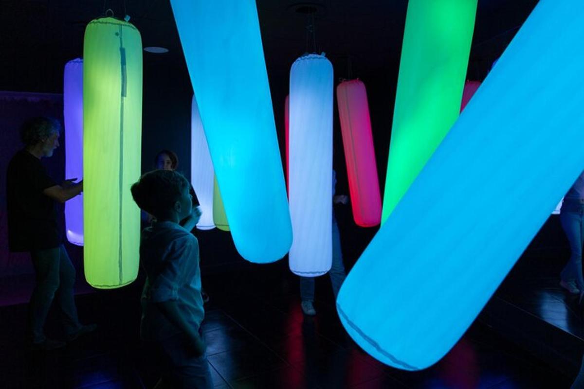 Un grupo de personas de pie en una habitación con luces de colores.