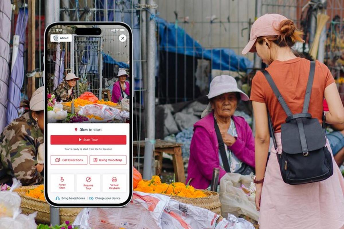 una dona mira un mercat amb un telèfon mòbil