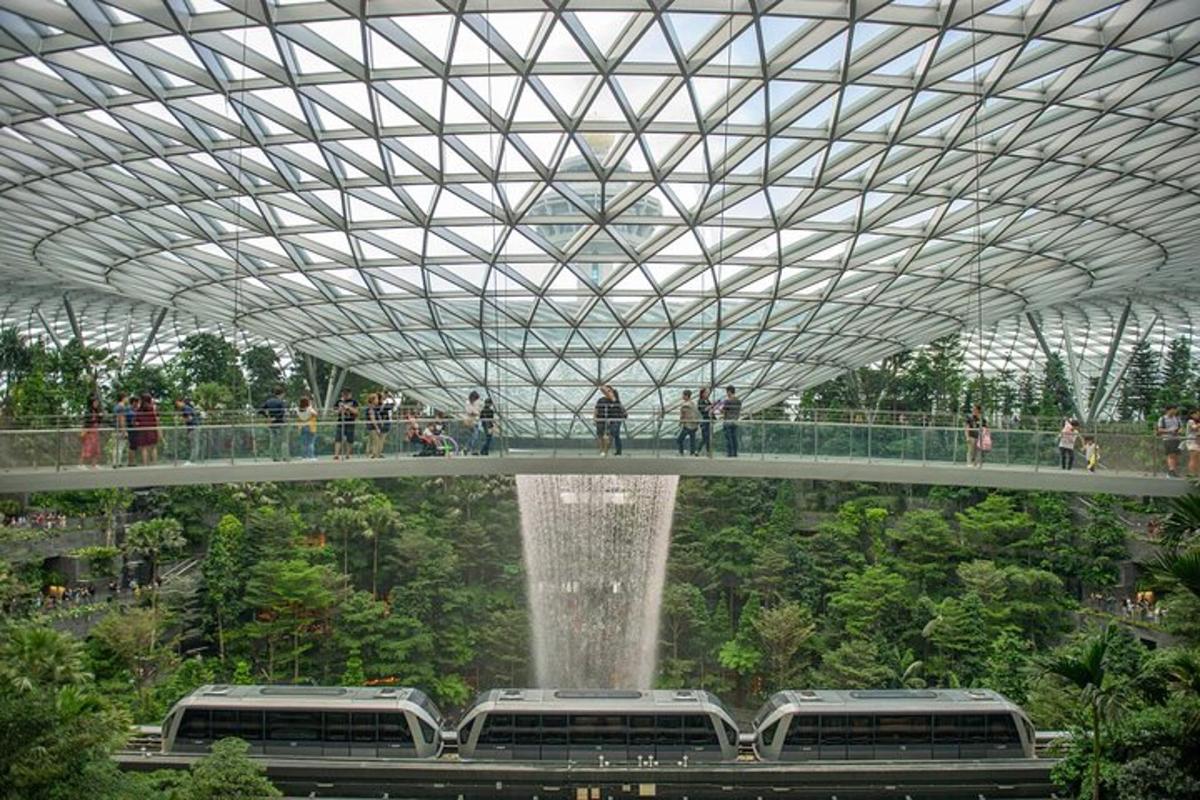 a train on a bridge in a garden