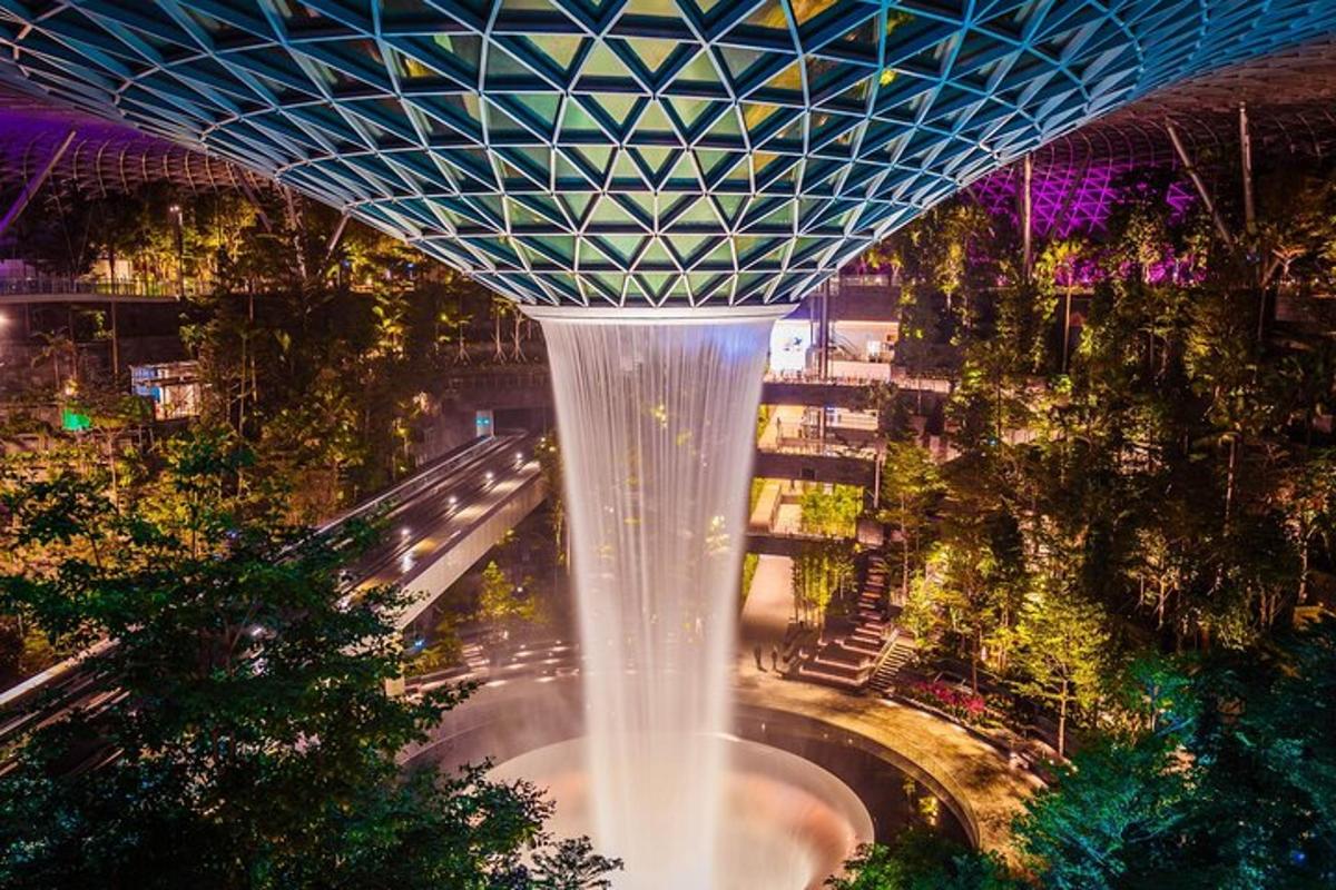 an overhead view of a building with a water fountain