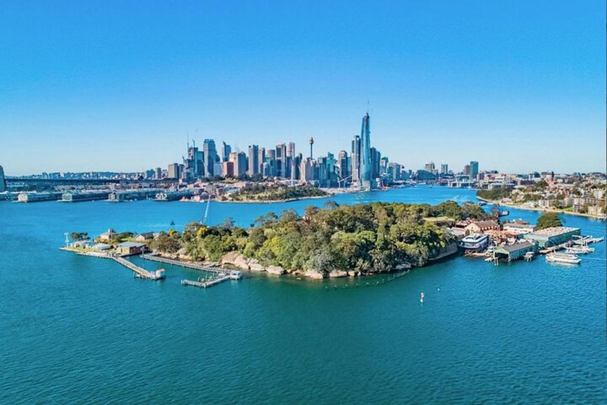 uma ilha na água com uma cidade ao fundo