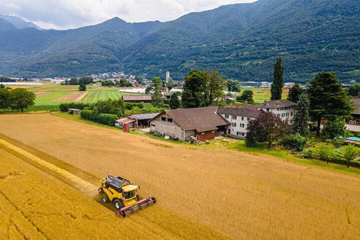an aerial view of a yellow truck in a field