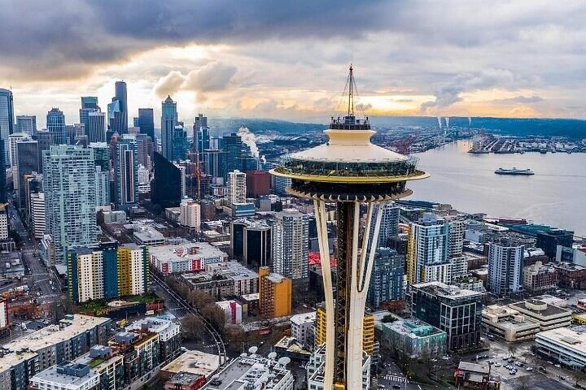 a view of the seattle observation tower in a city