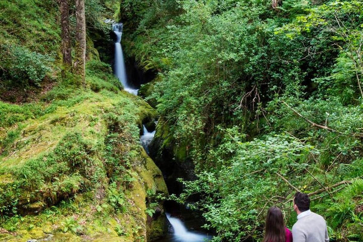 a group of people standing in front of a waterfall