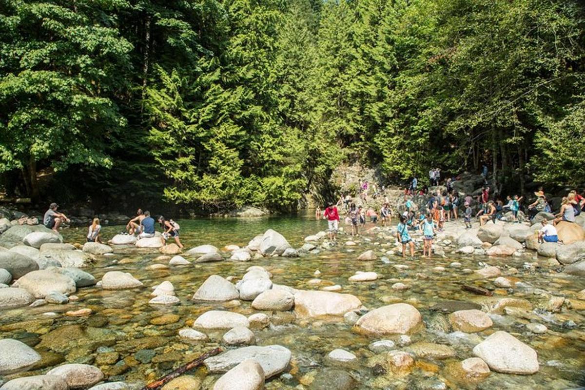 sekumpulan orang berdiri di atas batu di sungai
