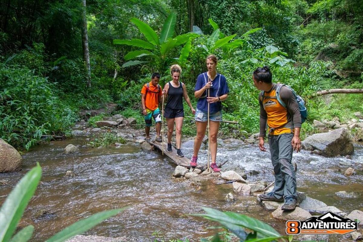 a group of people crossing a bridge over a stream