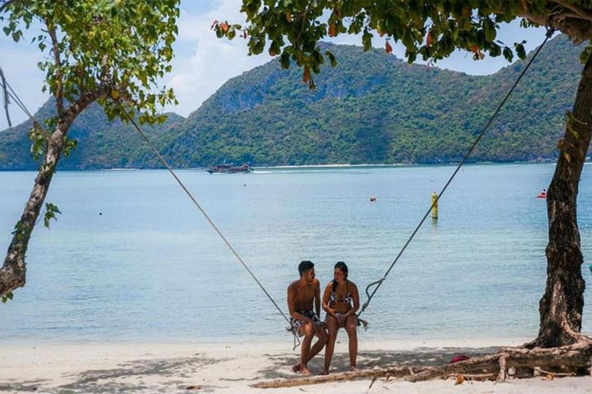 due persone sedute su un'altalena su una spiaggia