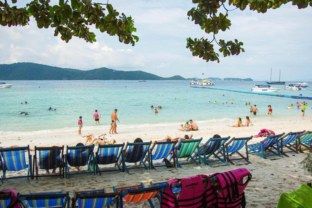 pantai dengan kerusi dan orang di dalam air