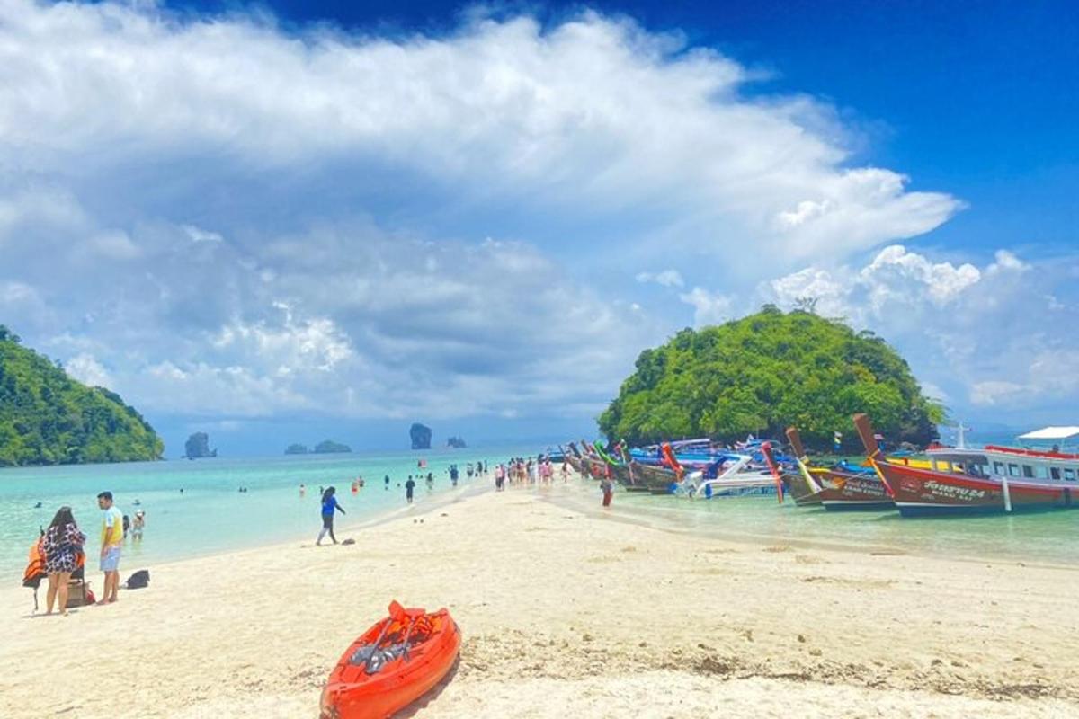 a group of people on a beach with boats