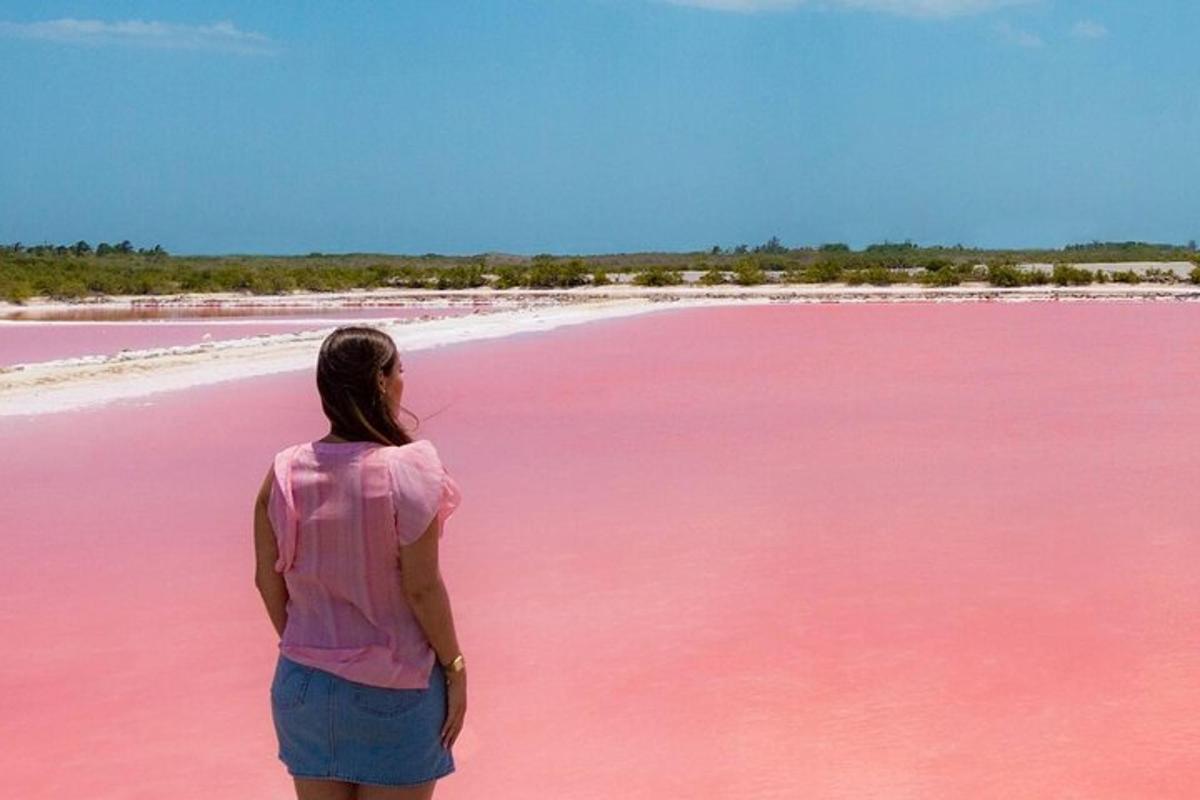 una dona dempeus davant d'un llac rosa