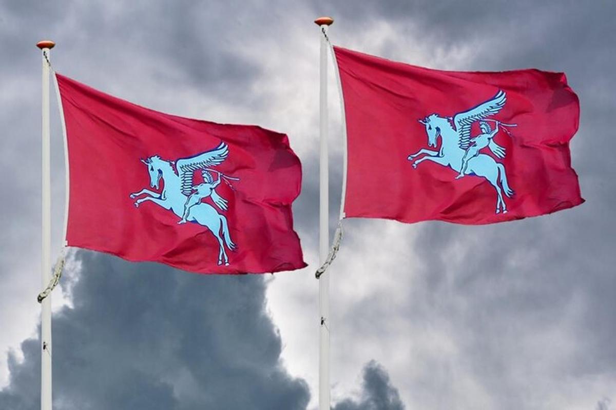 two red flags with horses on them against a cloudy sky