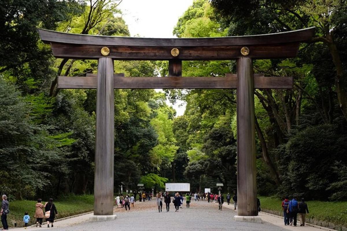 pintu gerbang torii di taman dengan orang berjalan