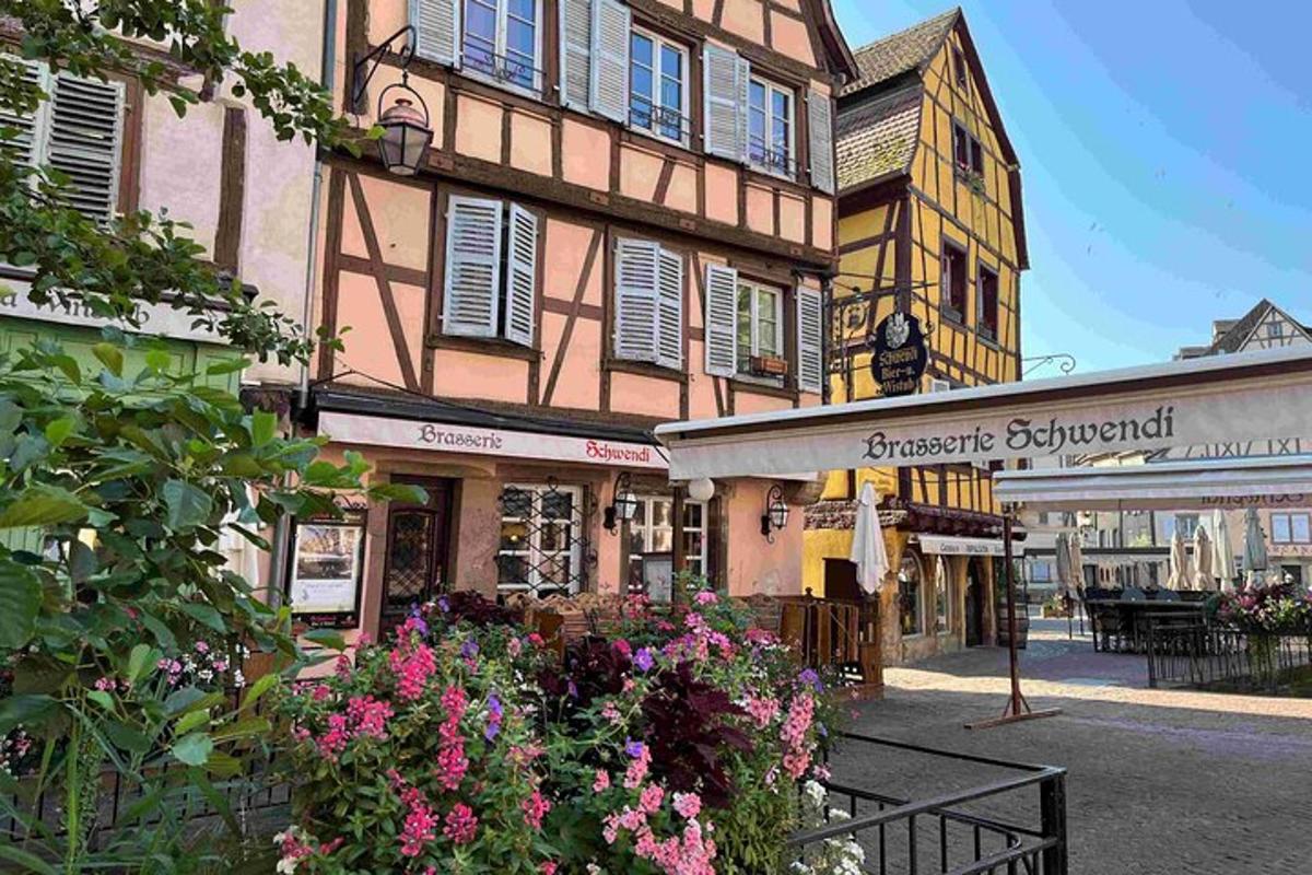 a group of buildings on a street with flowers