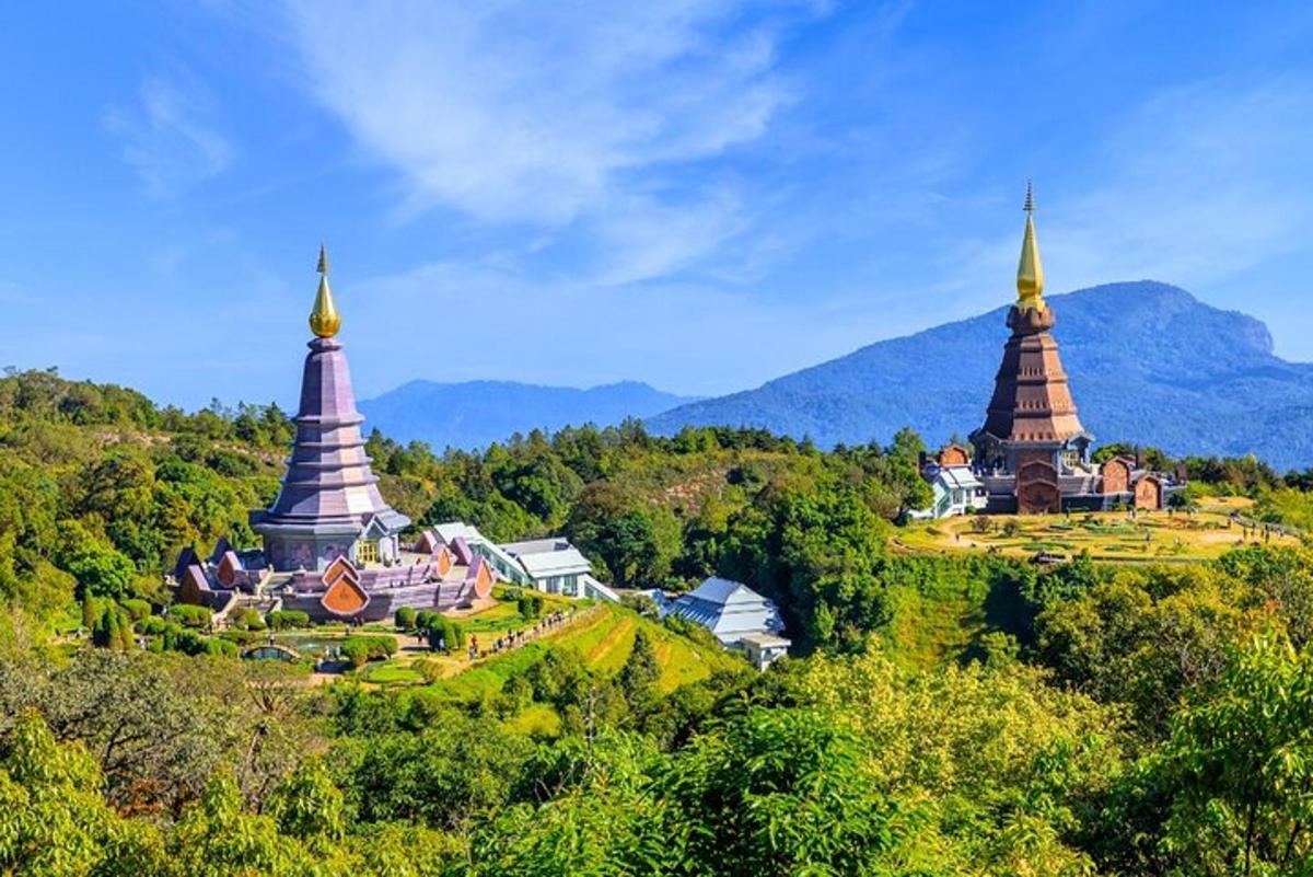 a group of pagodas on a hill with mountains in the background