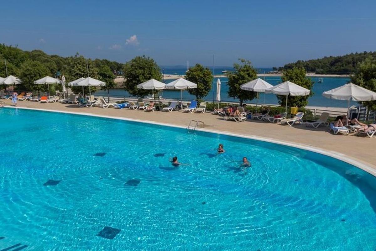 um grupo de pessoas nadando em uma grande piscina