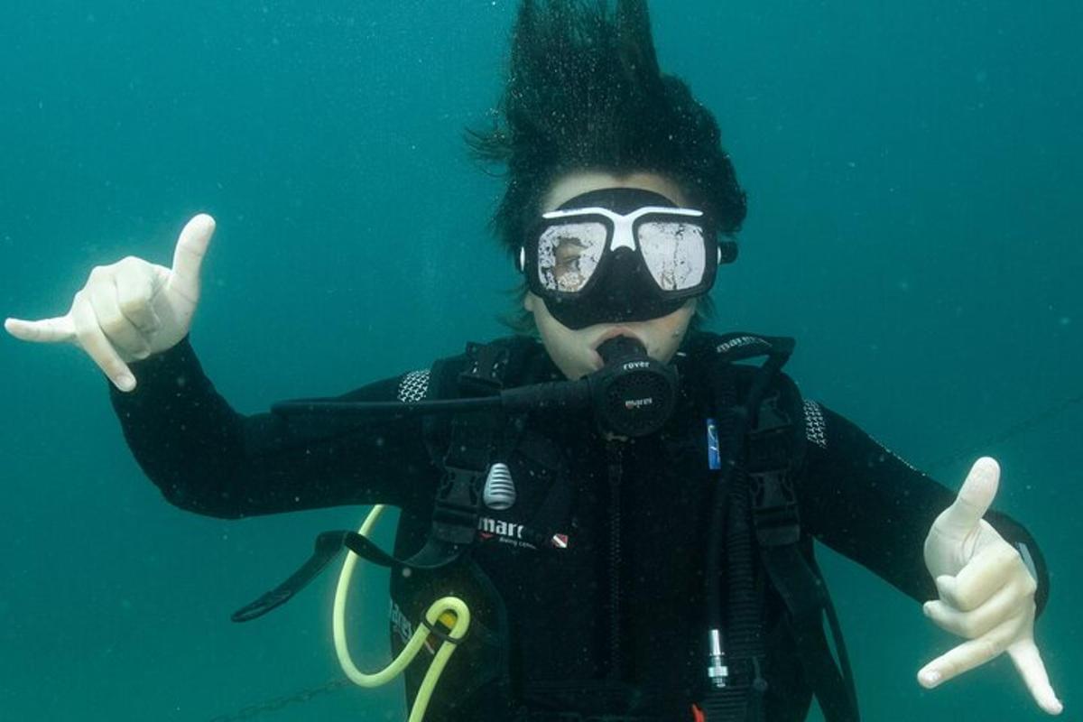 a person in a diving suit and goggles underwater