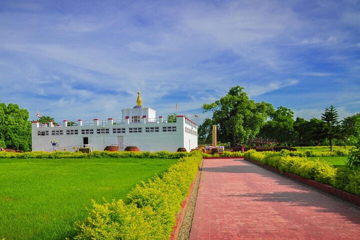 a large white building in a park with a pathway