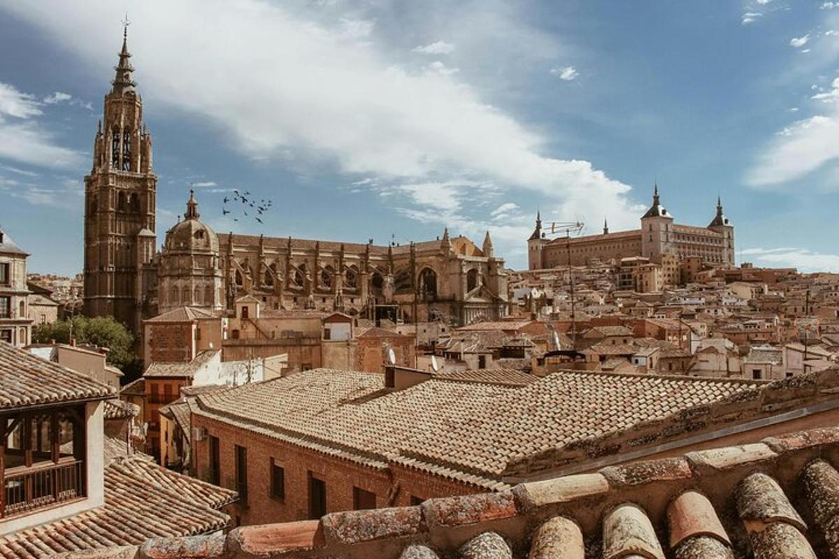 una vista di una città con una cattedrale e i tetti