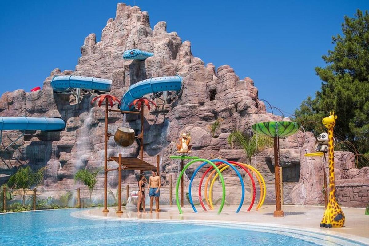 un parc aquàtic amb una muntanya al fons