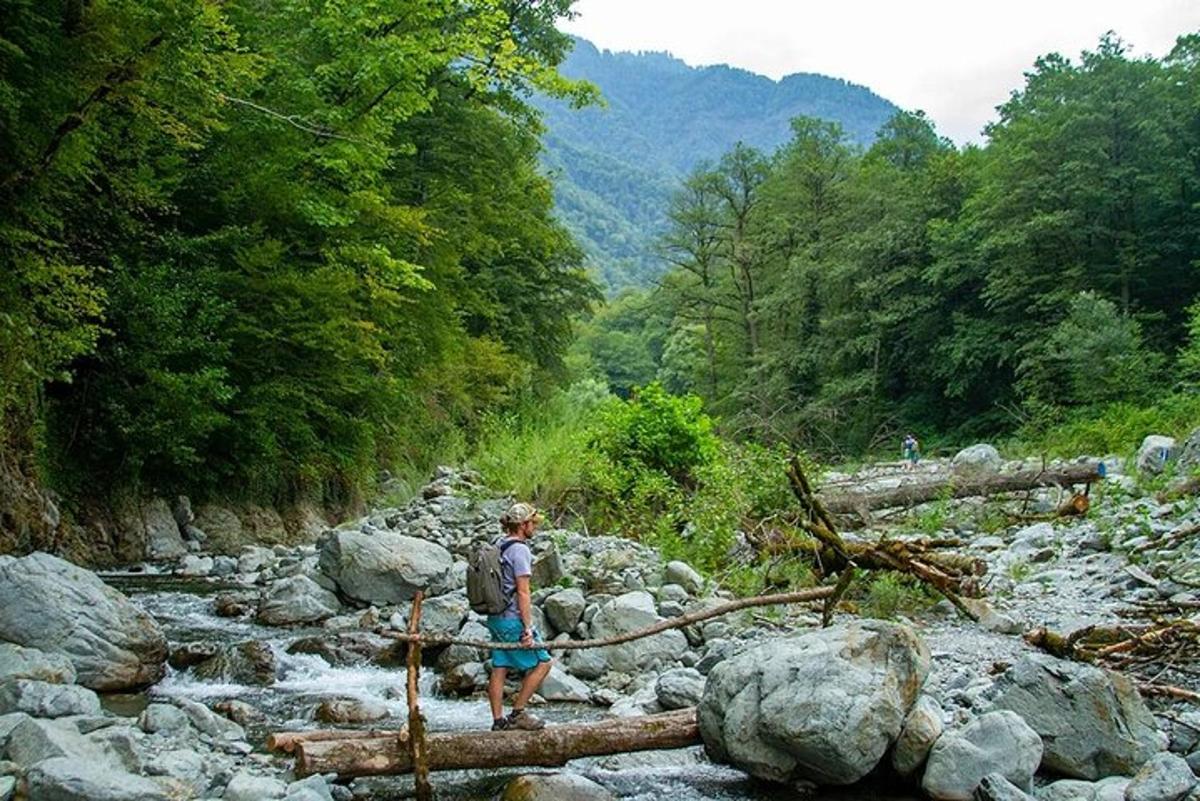 seorang lelaki berdiri di atas kayu balak menyeberangi sungai