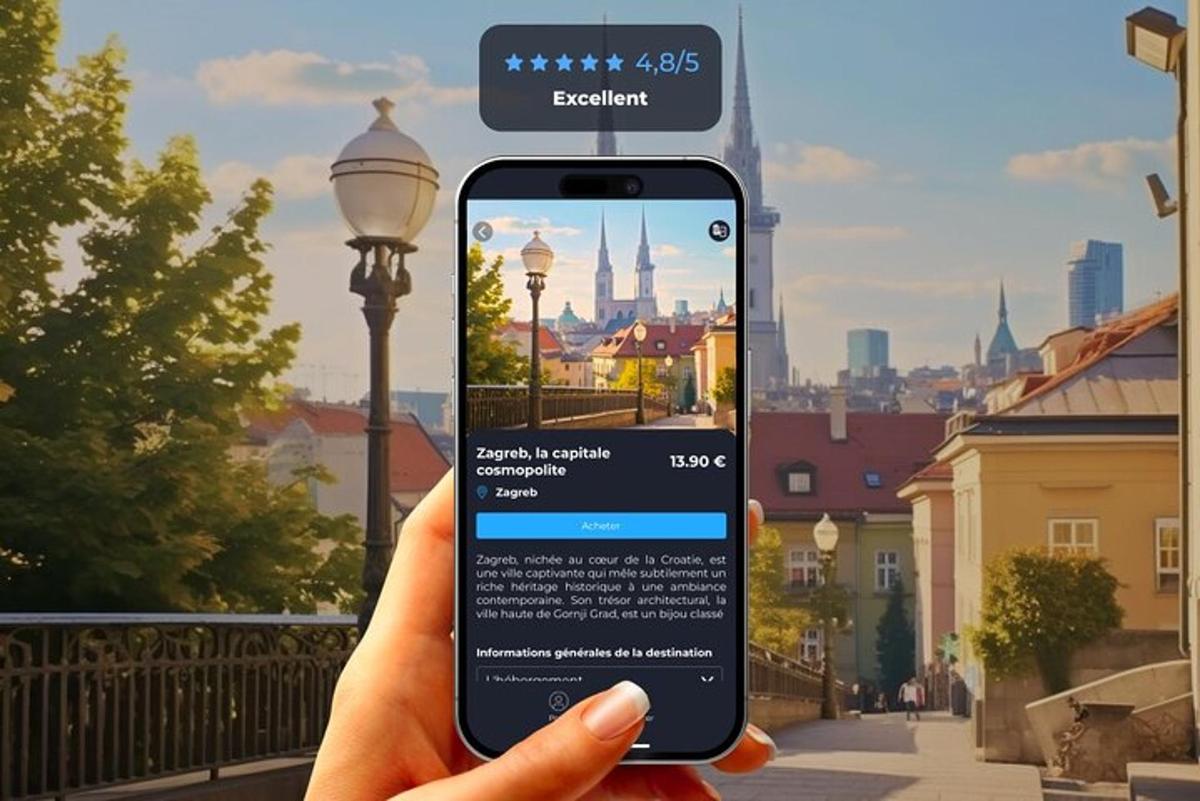 a person holding a cell phone with a view of a city