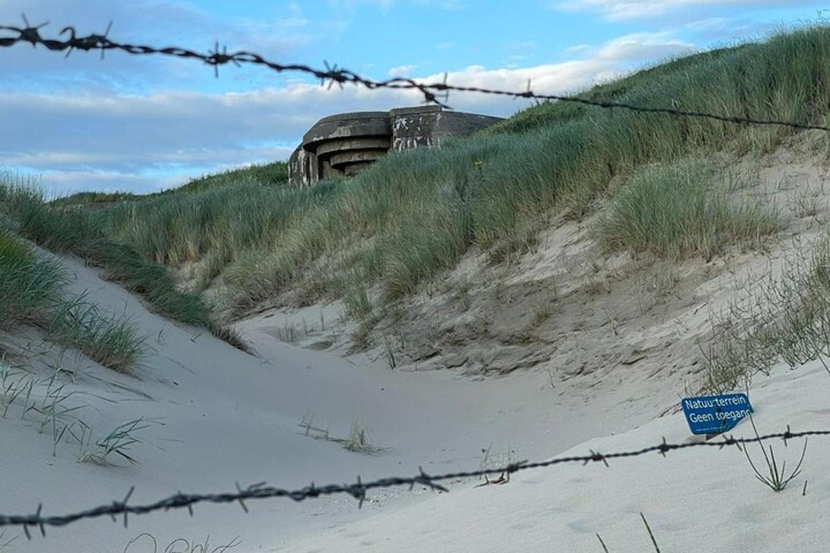 a barbed wire fence in front of a sand dune