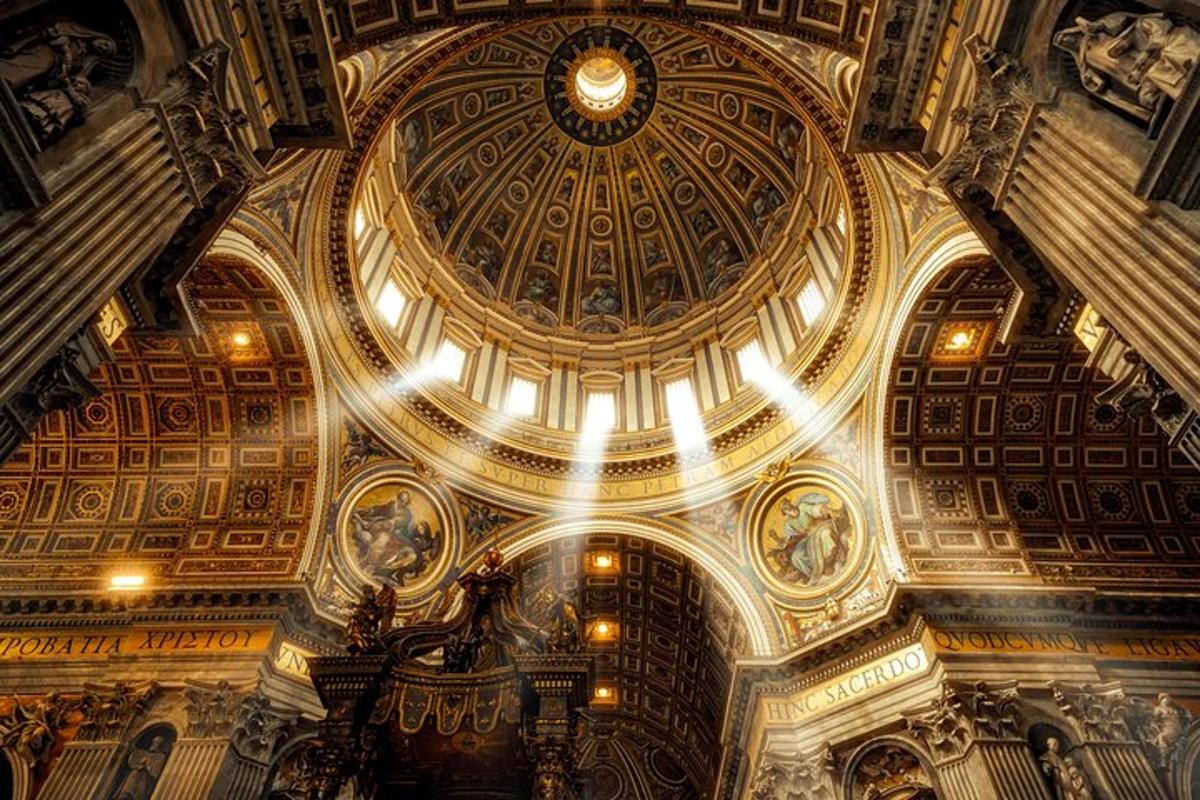 a ceiling of a building with a clock on it