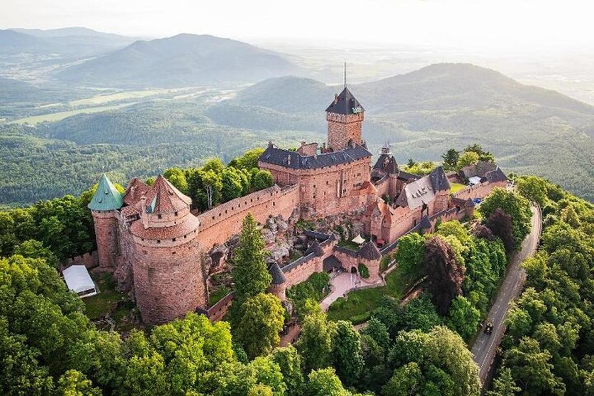 uma vista aérea de um castelo em uma colina