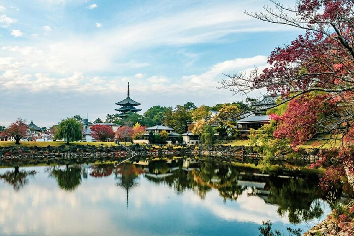 una vista di un lago con una pagoda sullo sfondo