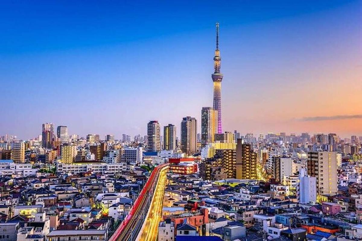 a view of a city with a tall tower
