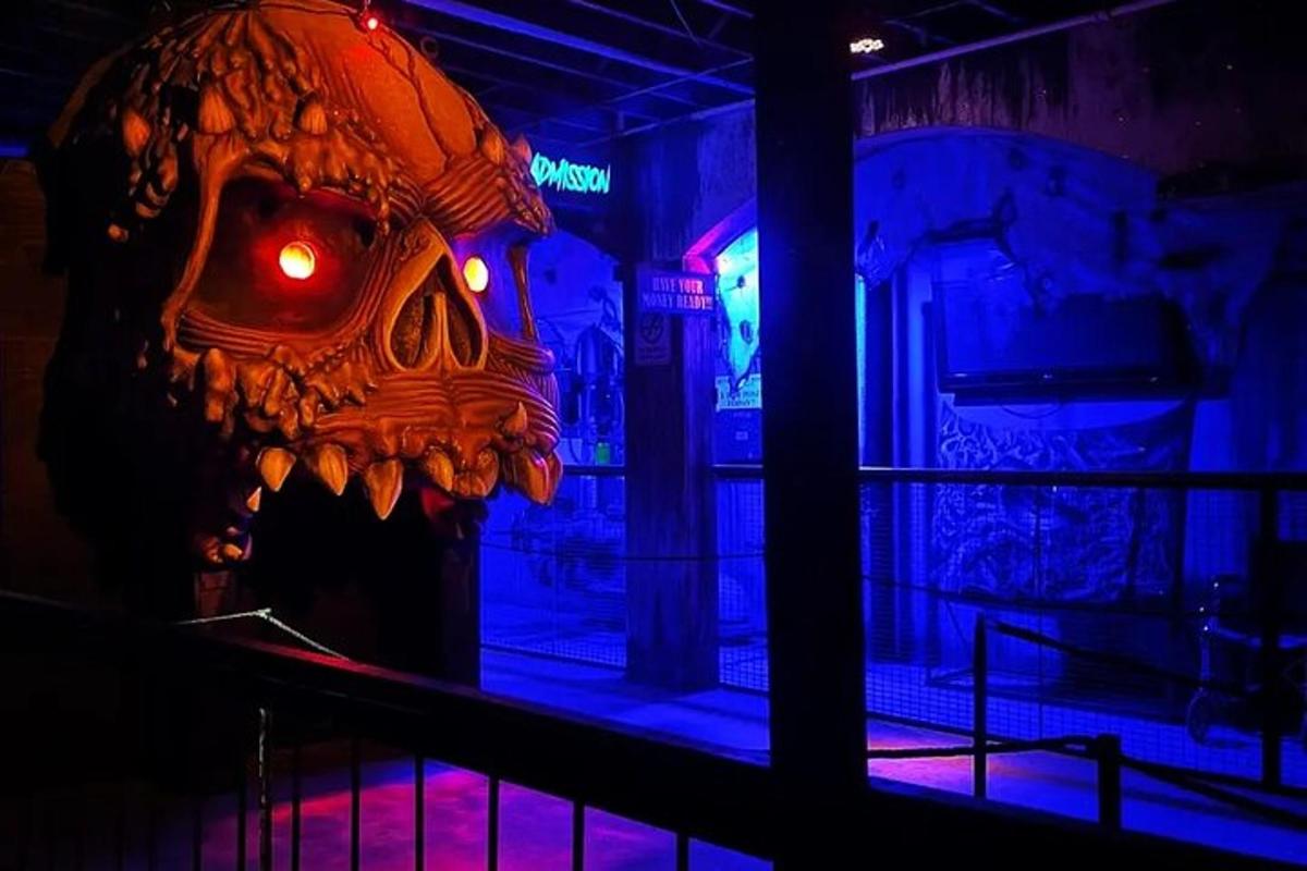 a halloween decoration in a room with blue lights
