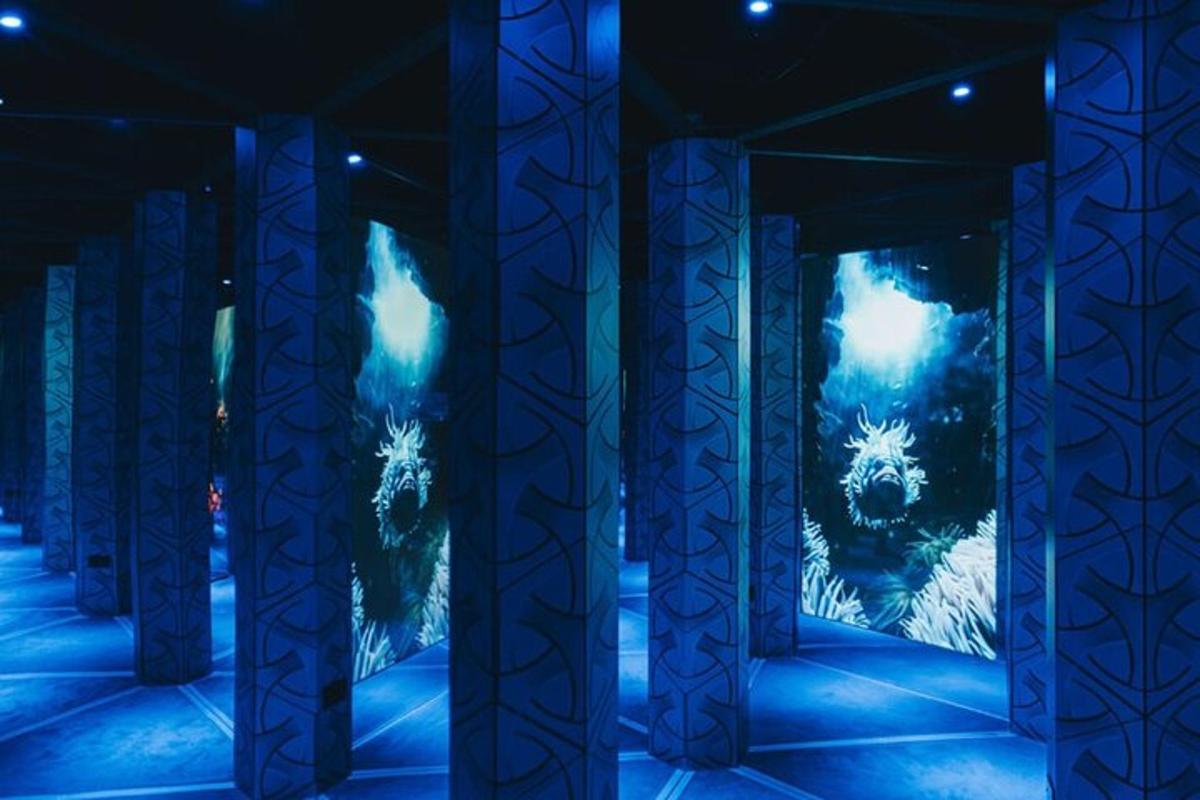 um conjunto de três colunas azuis em um teatro