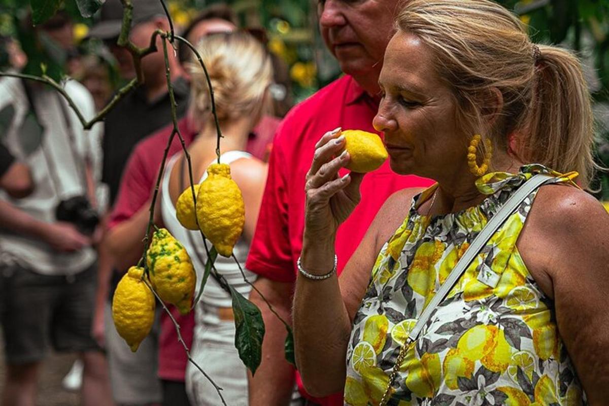 una donna sta guardando un mazzo di peperoni gialli appesi