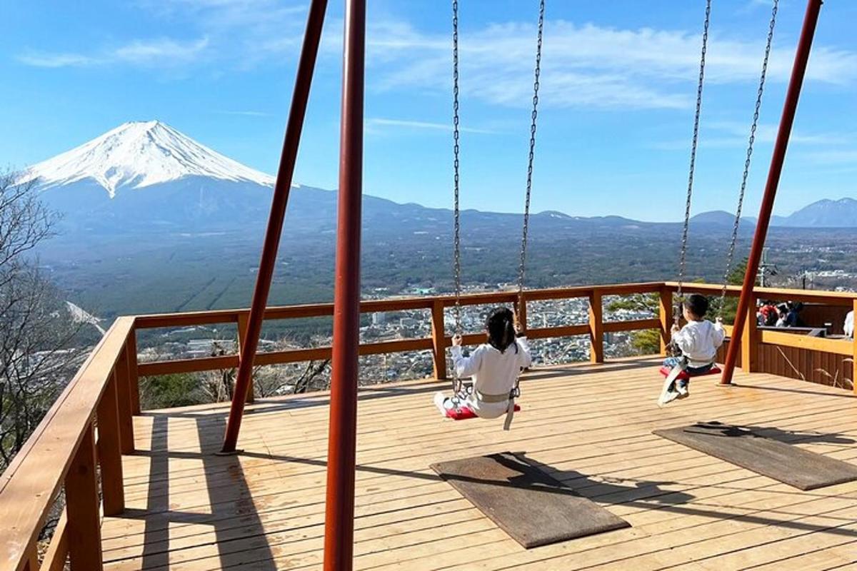 two children sitting on a swing in front of a mountain