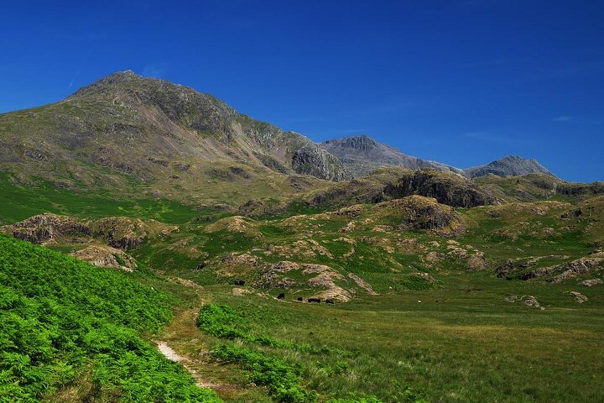 a mountain with green grass and rocks with a blue sky