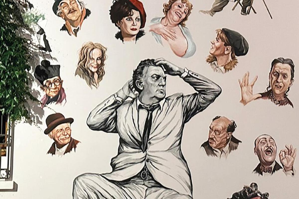 a drawing of a man in front of a group of people