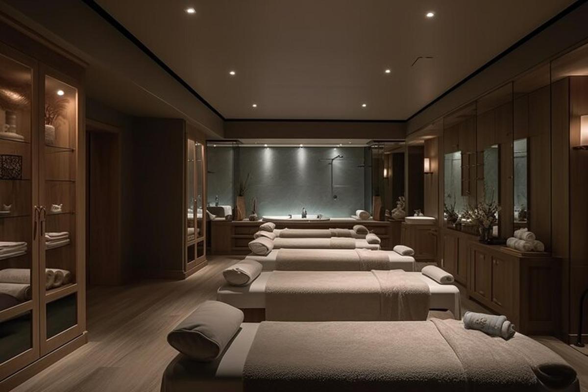 một dãy giường được xếp thành hàng trong một căn phòng