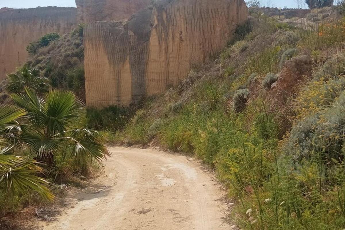 a dirt road in front of a rock wall