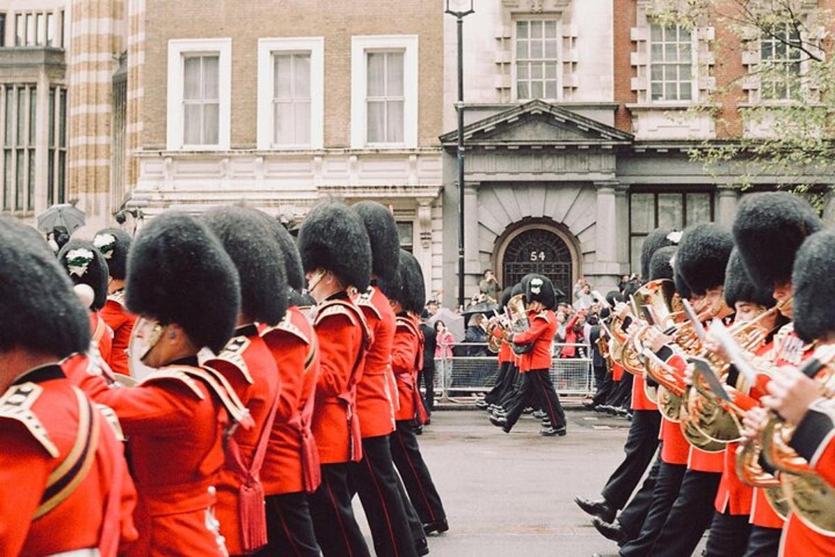 a group of marching band in front of a building