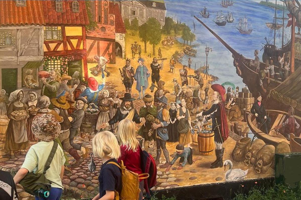 a painting of a group of children standing in front of a mural