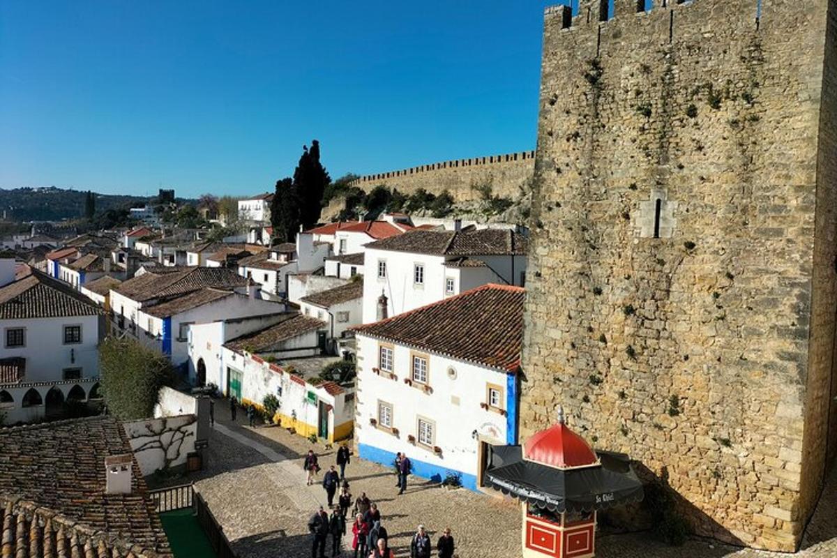 a group of people walking in front of a castle