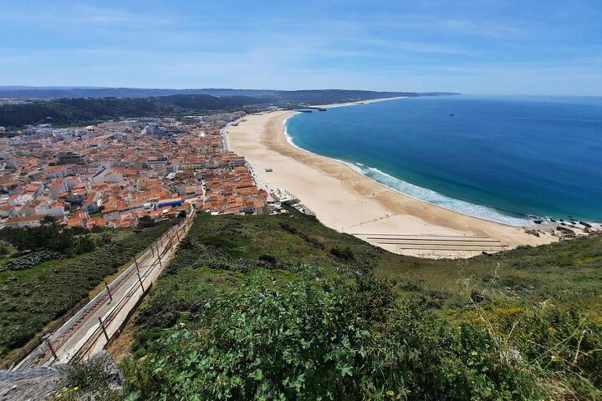 una vista di una spiaggia con una città e l'oceano
