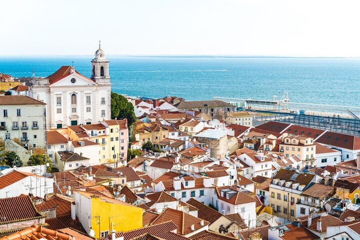 una vista di una città con edifici e l'oceano