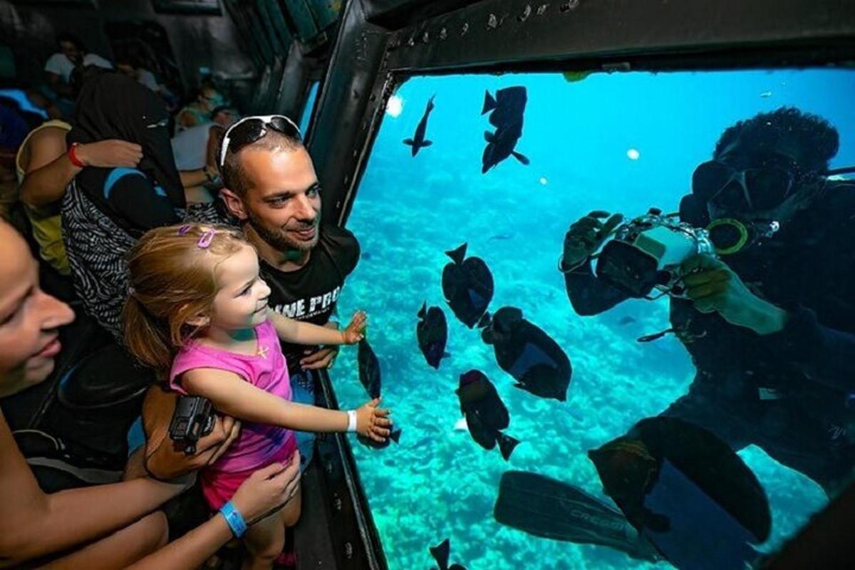 a man and a little girl looking at fish in an aquarium