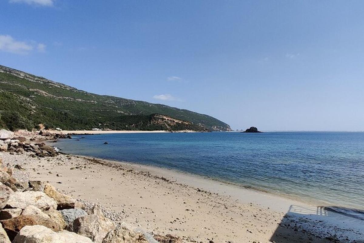 egy sziklás strand és az óceán egy napsütéses napon