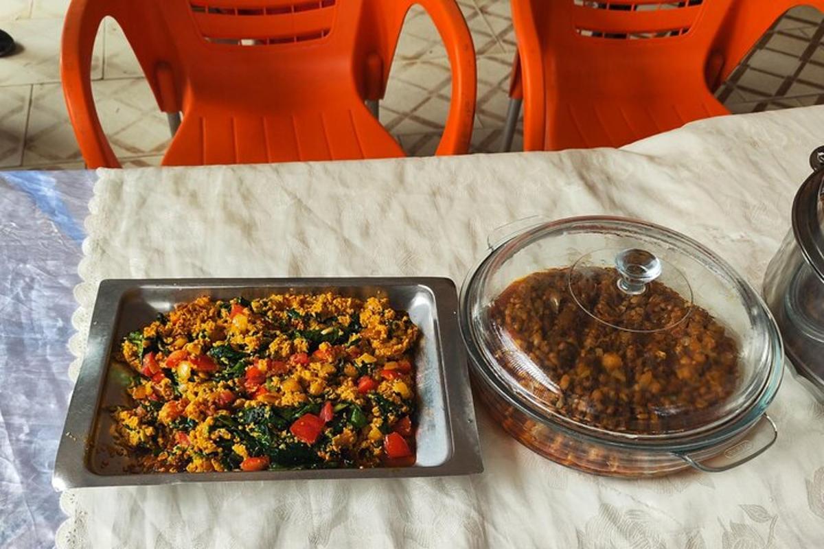 a table with a tray of food and a plate of food