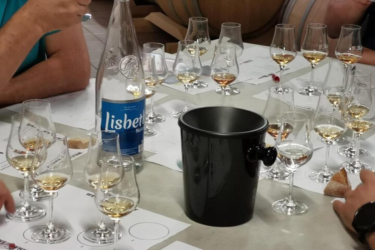 un tavolo con bicchieri da vino e una bottiglia di vino