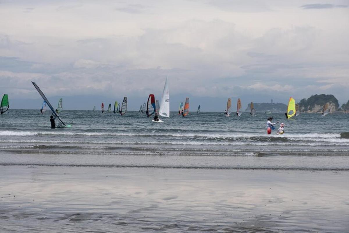 a group of people on the beach with sail boats
